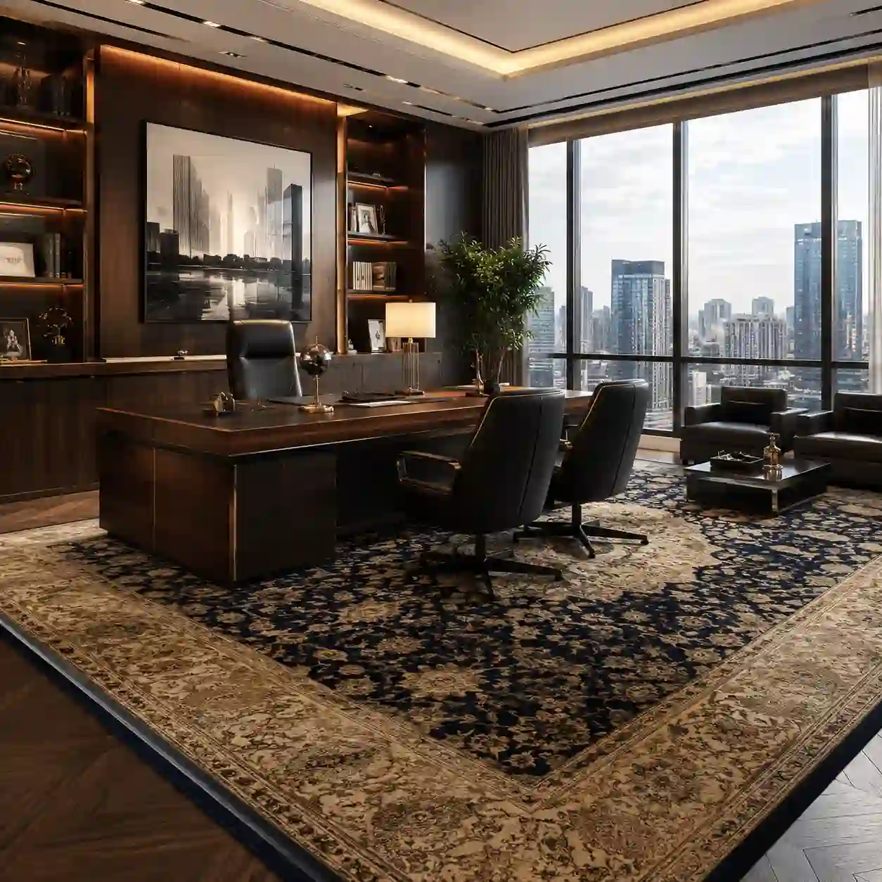 Oficina ejecutiva de lujo con un tapete clásico azul de borde beige sobre piso de madera, escritorio de madera oscura y vista a la ciudad.