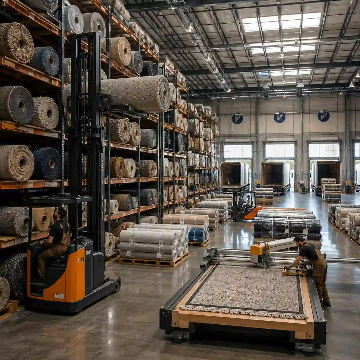 Centro de distribución de alfombra de rollo con racks de rollos, montacargas moviendo un rollo y andenes de carga al fondo.