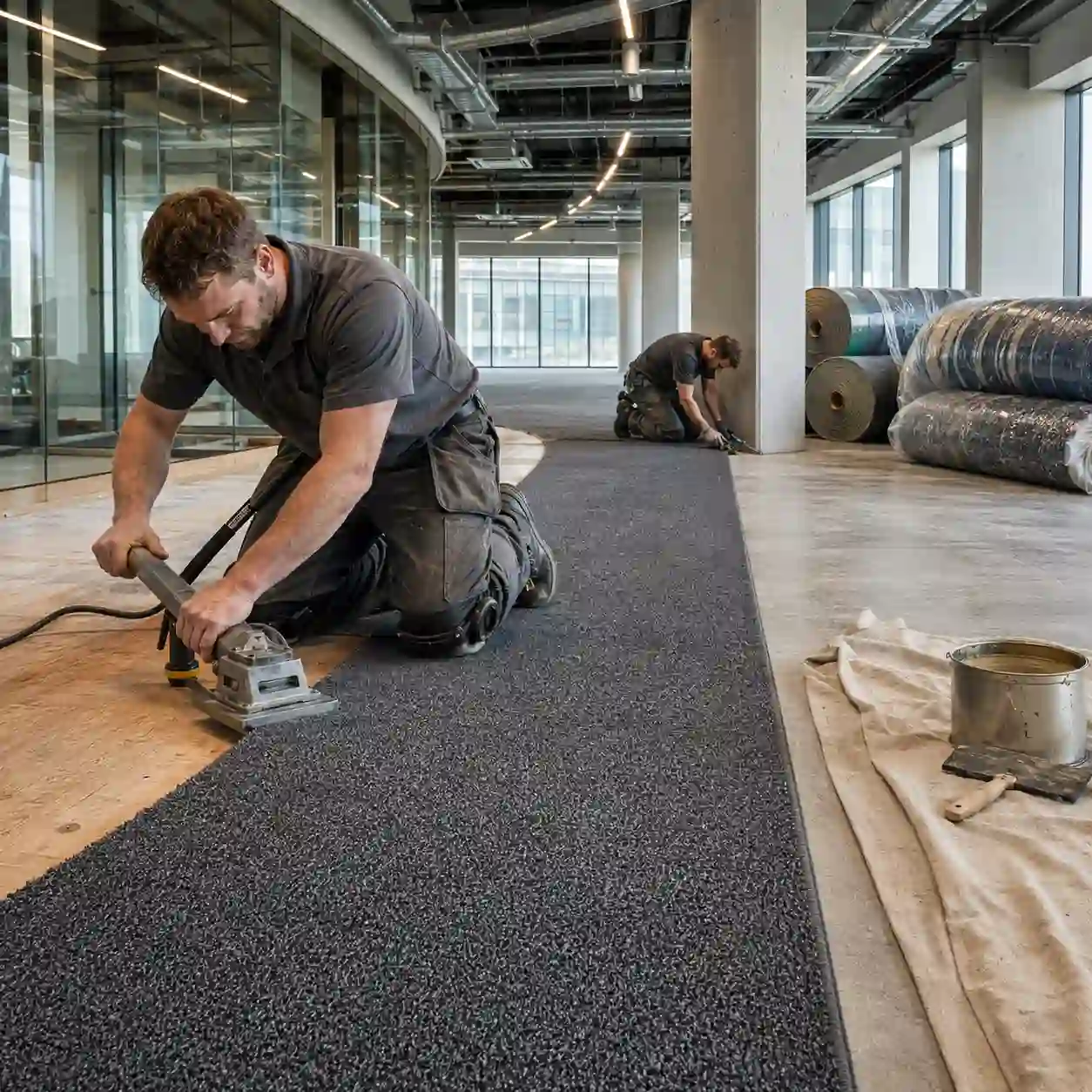 Instaladores colocando alfombra de rollo gris oscuro de pared a pared en una oficina amplia en Puebla, con rollos a un costado.