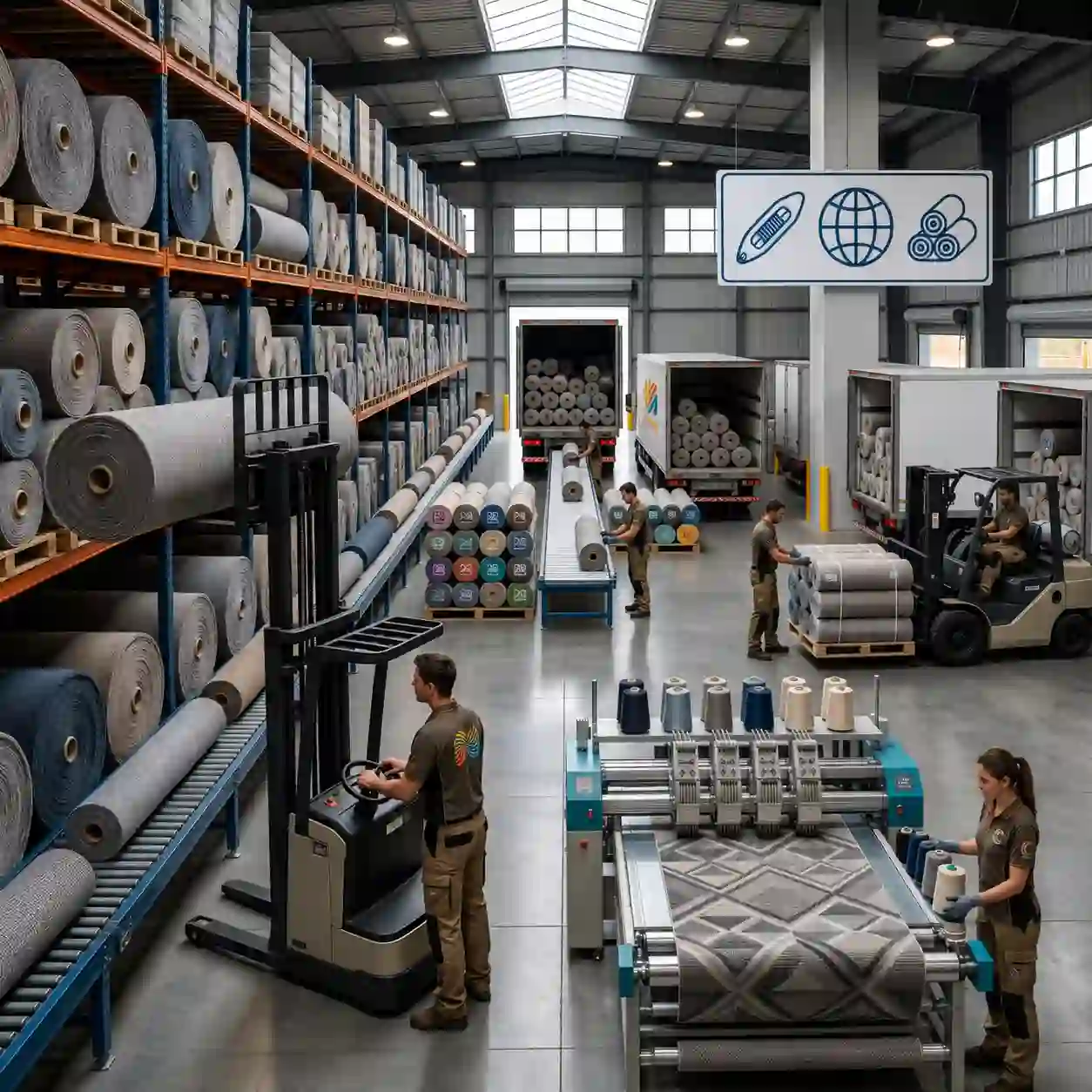 Nave de proveedor de alfombra de rollo con estanterías de rollos, línea de producción y montacargas cargando camiones.