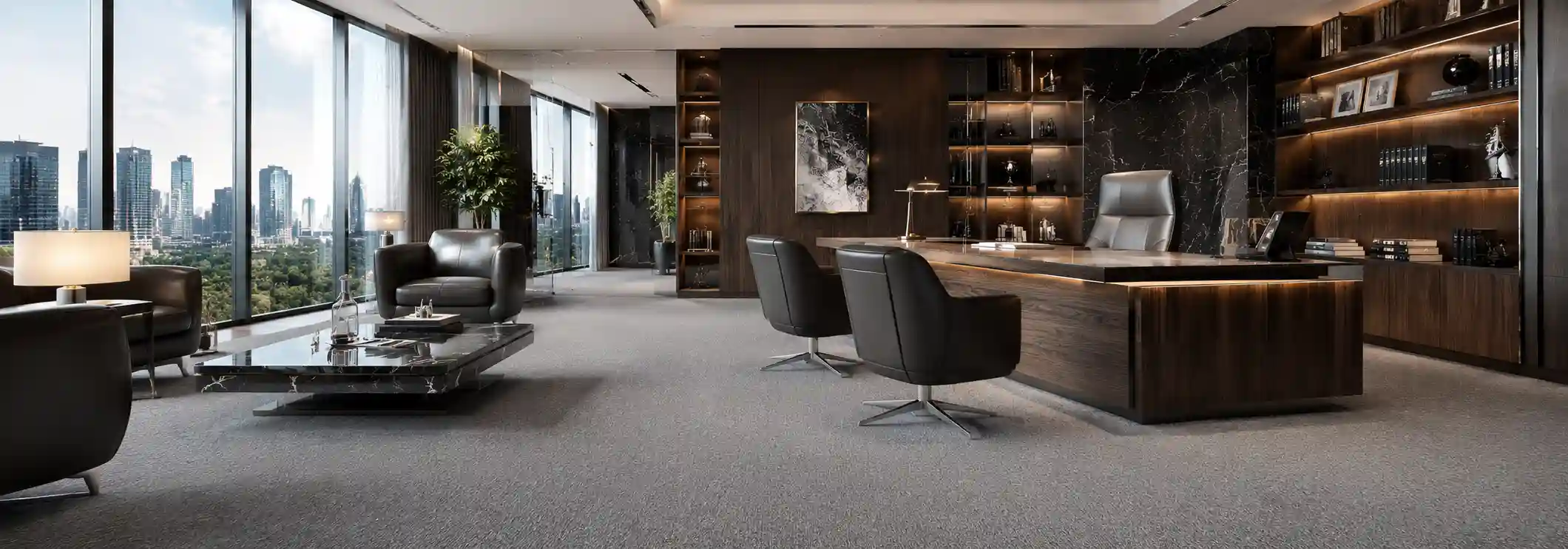 Oficina ejecutiva de lujo en Puebla con alfombra de rollo gris instalada de pared a pared, escritorio de madera oscura, sillones de piel y ventanales con vista panorámica a la ciudad.