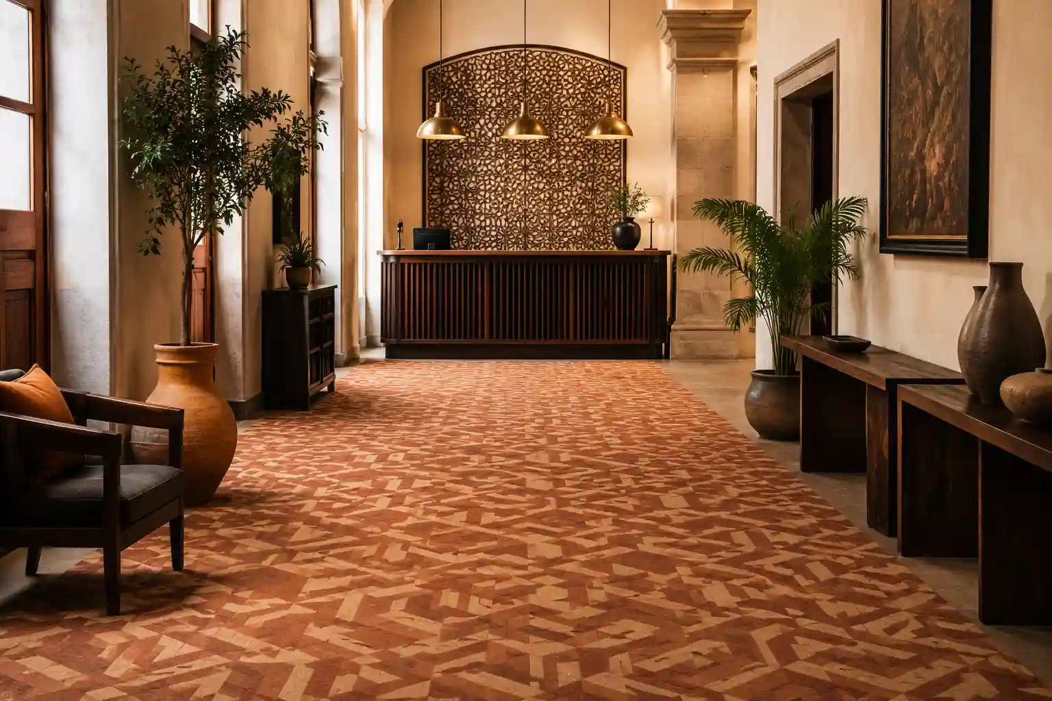 Lobby de hotel boutique en el Centro de Puebla con alfombra de rollo de patrón geométrico en tonos cálidos terracota y arena, instalada de pared a pared, recepción de madera con celosía y lámparas de latón.