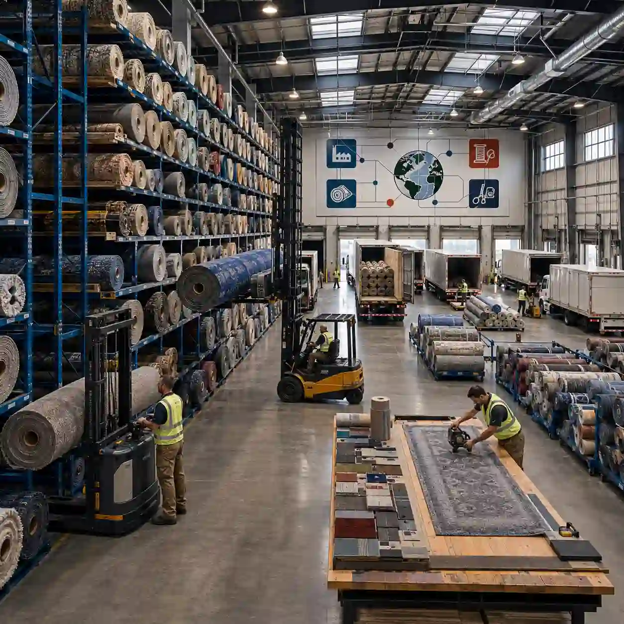 Alfombra de rollo comercial Almacén comercial de alfombra de rollo con racks de rollos, montacargas y camiones cargando pedidos en los andenes.
