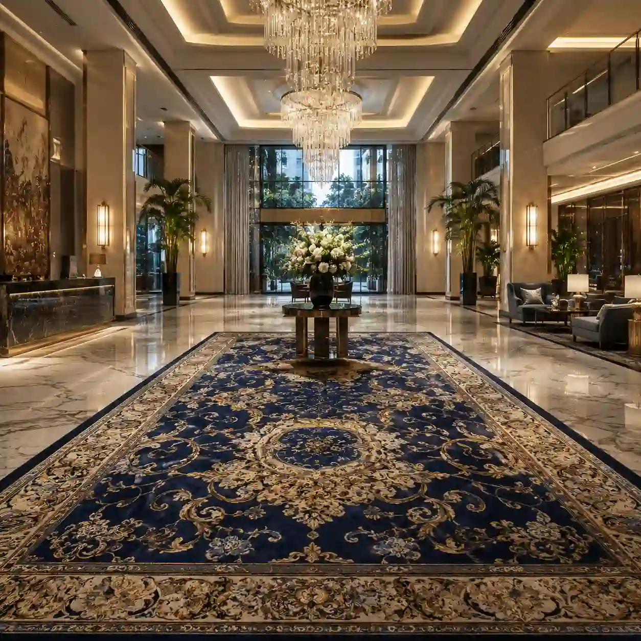 Alfombra de rollo para hoteles y restaurantes Lobby de hotel de lujo con candil de cristal, piso de mármol y un tapete clásico azul y dorado de gran formato al centro.