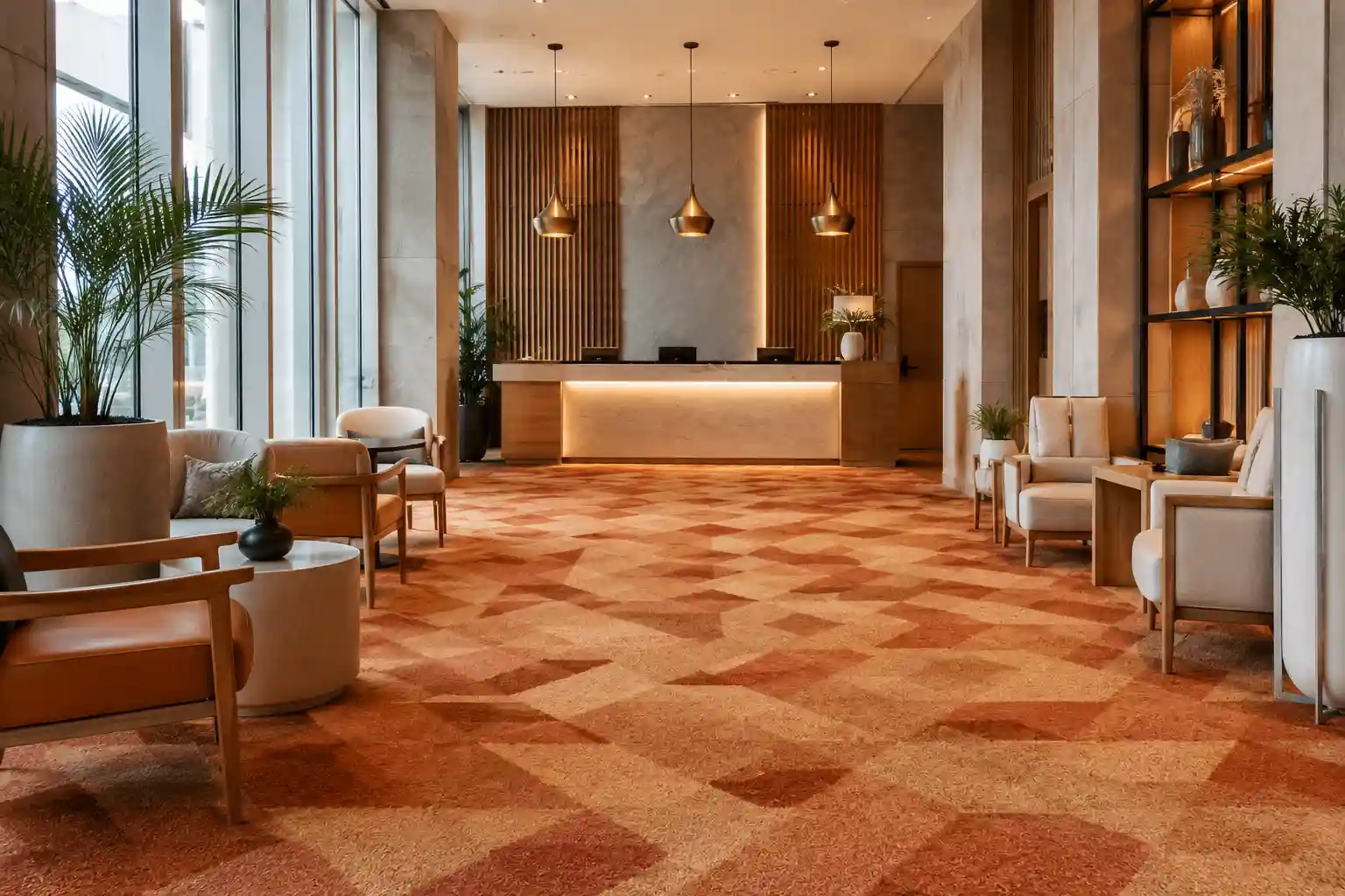 Renovación de alfombra en rollo para hotel en Angelópolis Alfombra en rollo de diseño geométrico en tonos cálidos instalada en el lobby renovado de un hotel en la zona de Angelópolis, San Andrés Cholula, Puebla.